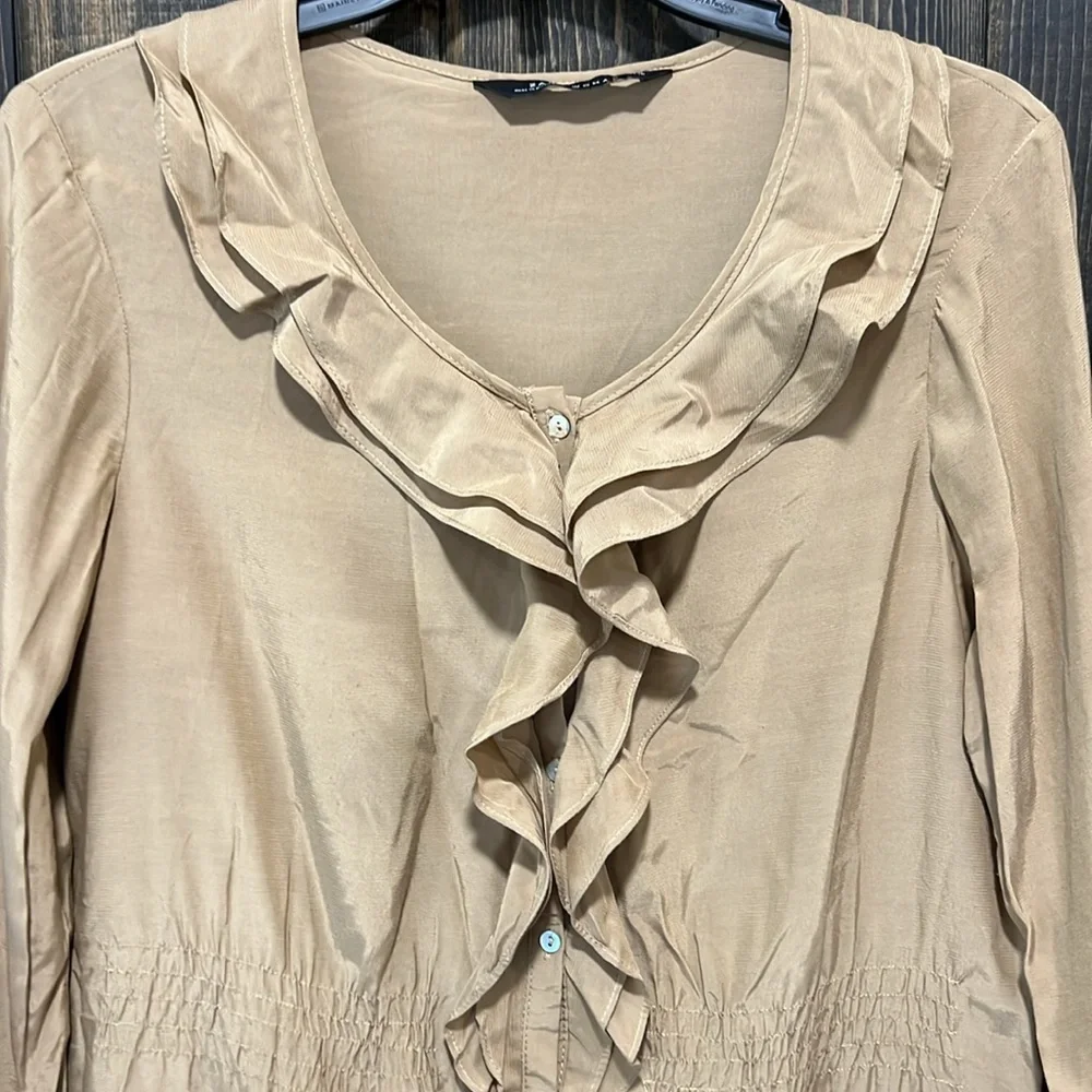 Zara Woman Khaki‎ Ruffle Mini Dress M Cinch Waist Neutral Minimalist Goblincore